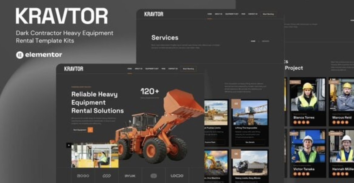 Kravtor – Contractor Heavy Equipment Rental Website Elementor Template Kit